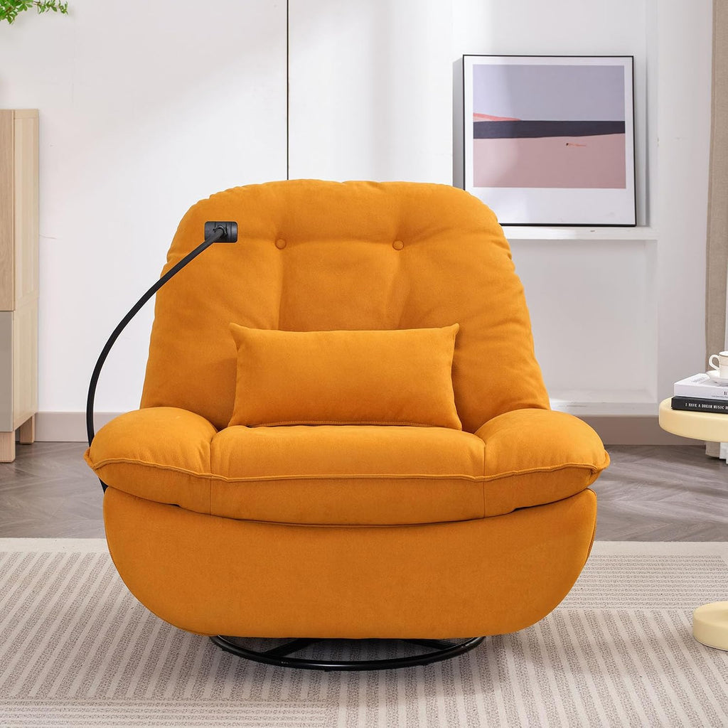 Smart Oversized Electric Recliner Chair, 360° Round Swivel Rocking Glider Rocker Chairs for Adults Modern Comfy Ergonomic Chaise Lounge Indoor, Theater Seating Living Room Reading, Soft Orange Fabric