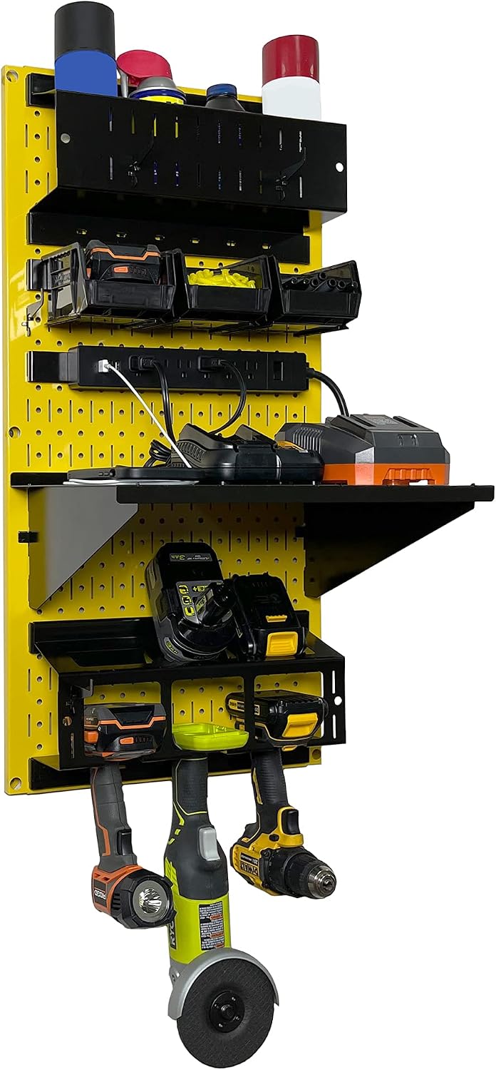Wall Control Power Tool Storage Organizer Kit Cordless Drill Holder Charging Station Rack 16' x 32' Metal Pegboard Organization System (Yellow Pegboard)