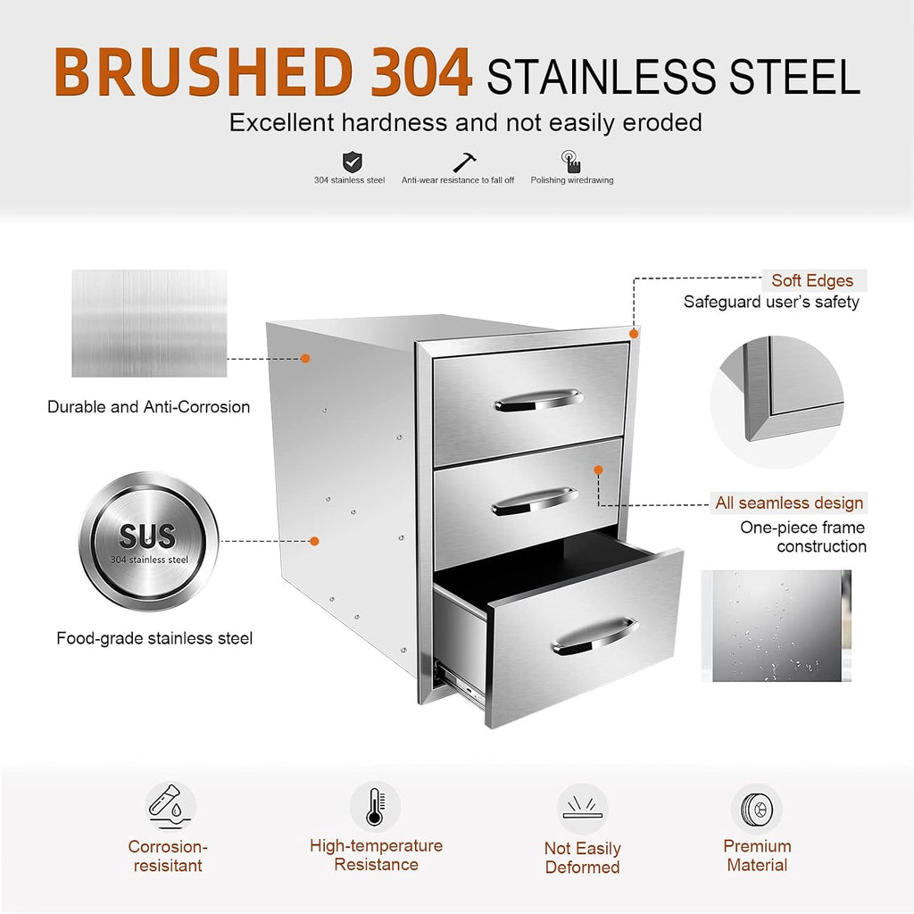 Outdoor Kitchen Drawer Stainless Steel BBQ Triple Drawer Flush Mount for Outdoor Kitchen Island,-18W X 24H X 23D Inch