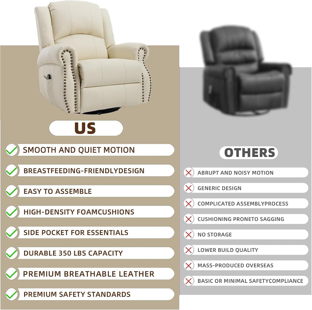 PELUMY Breathable Leather Swivel Rocking Recliner Chair for Adults, 360° Swivel Glider Rocker with Heat & Vibrating Massage, Lounge Chair for Living Room, Bedroom, Nursery (Creamy Beige)