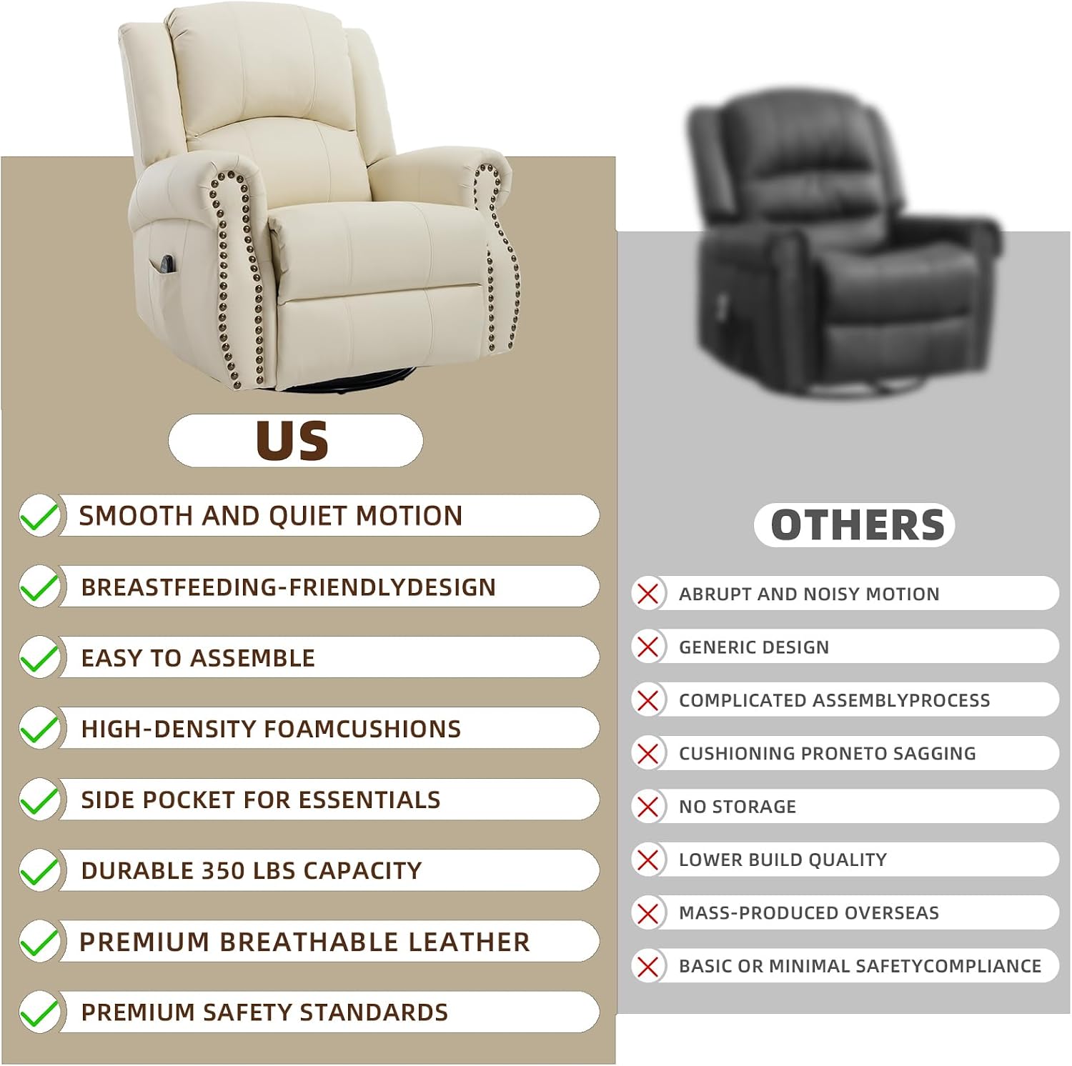 PELUMY Breathable Leather Swivel Rocking Recliner Chair for Adults, 360° Swivel Glider Rocker with Heat & Vibrating Massage, Lounge Chair for Living Room, Bedroom, Nursery (Creamy Beige)