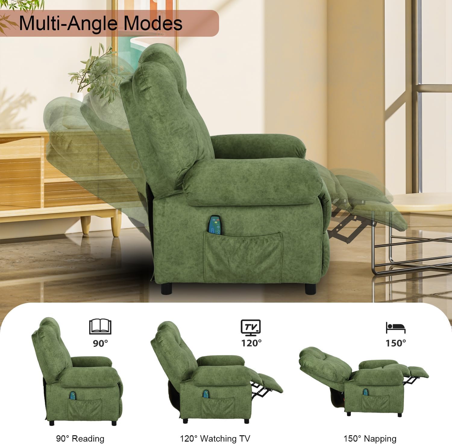 Overstuffed Push Back Recliner Chair for Living Room, Mid Century Fabric Heated Massaging Reclining Chair Small Recliner Chair with Heat and Massage, Green