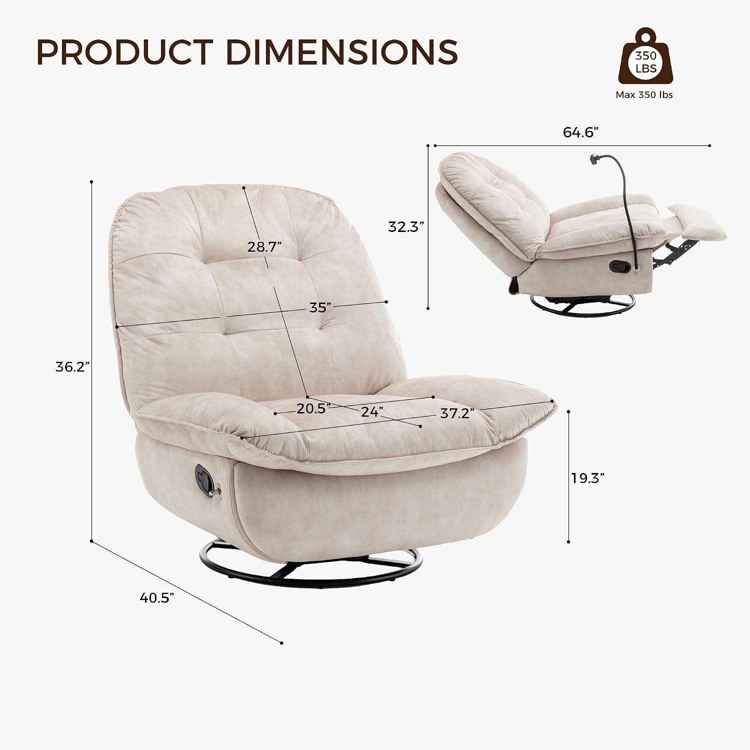 Swivel Rocker Recliner Chair for Adult, Glider Nursery Rocking Chair, Armless Manual Single Recliner Sofa for Living Room, Oversized & Overstuffed, Phone Holder Included, Beige Velvet