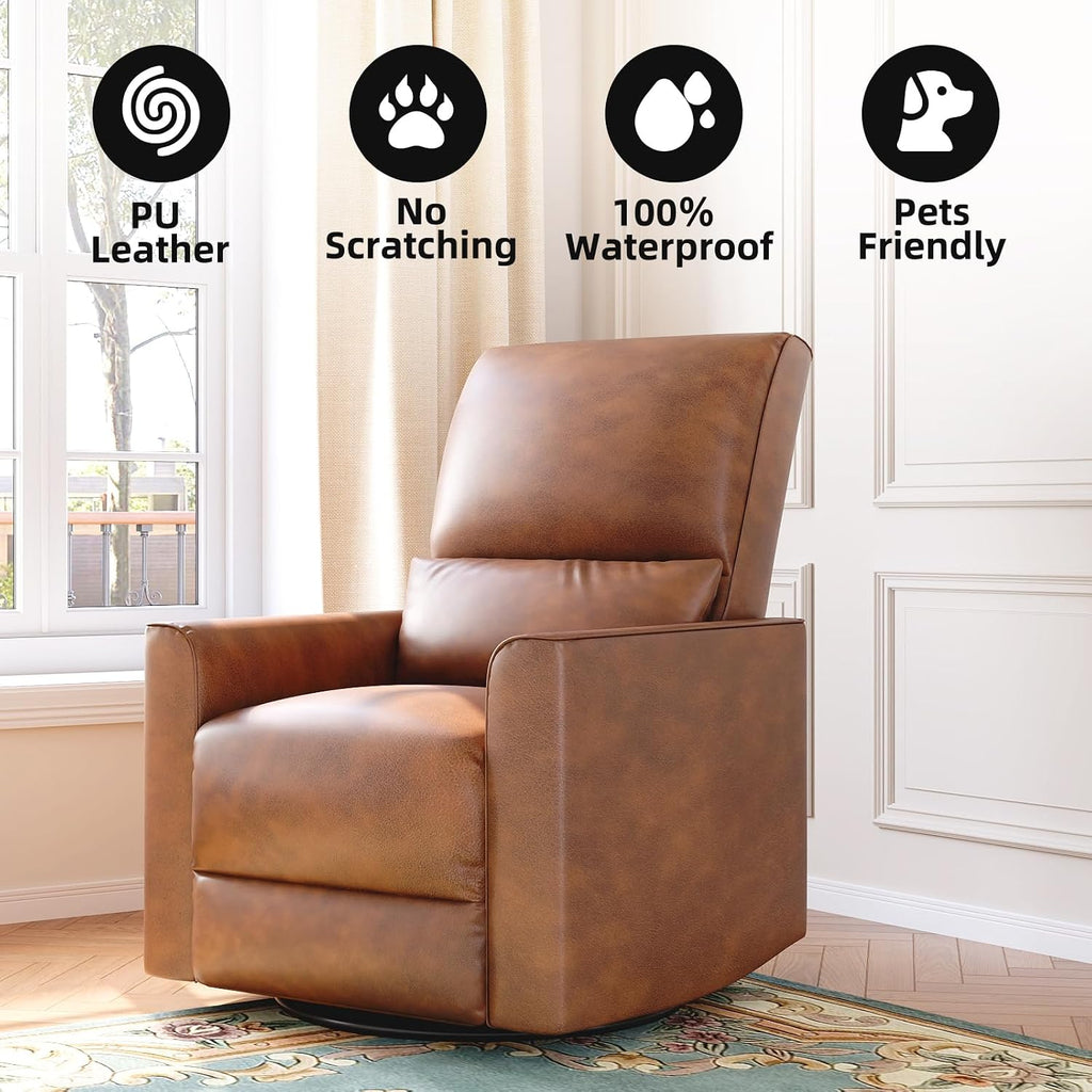 GAOMON Swivel Rocking Recliner Chair, Manual Leather Recliner Glider with Lumbar Support & Padded Armrest, Comfortable Rocker Nursery Single Sofa for Living Room and Bedroom (Brown)