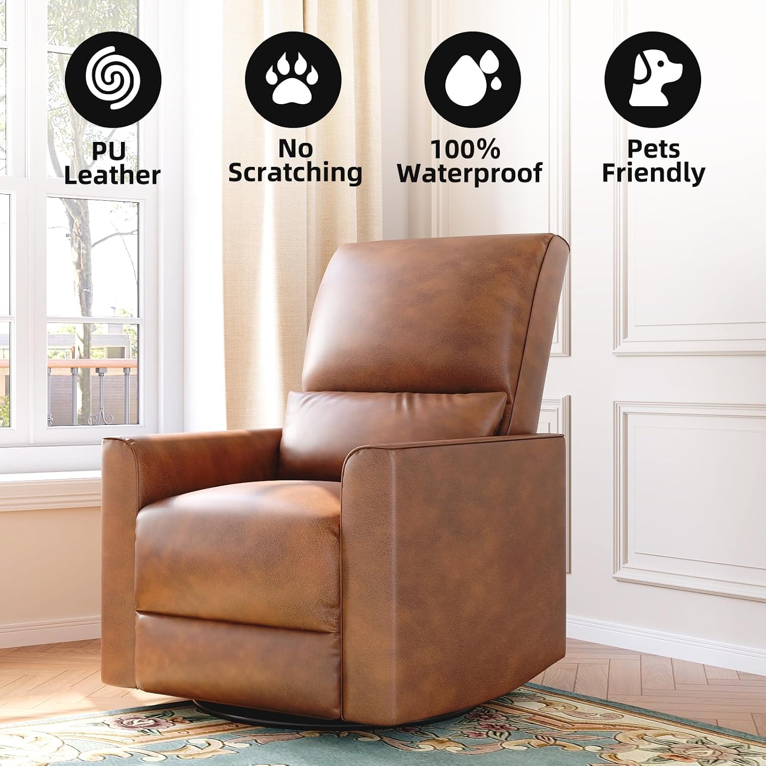 GAOMON Swivel Rocking Recliner Chair, Manual Leather Recliner Glider with Lumbar Support & Padded Armrest, Comfortable Rocker Nursery Single Sofa for Living Room and Bedroom (Brown)