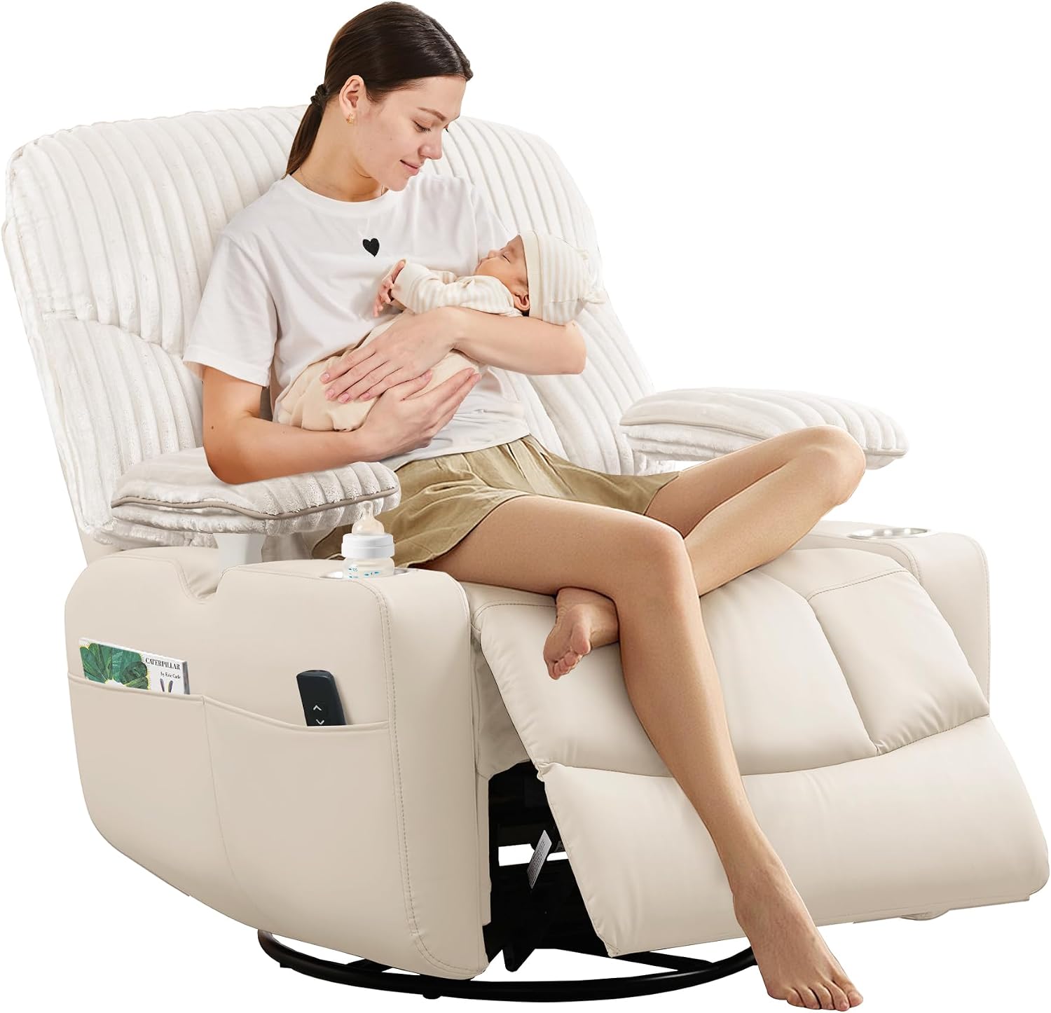 SUNWAVE Power Nursery Rocking Chair with Adjustable Armrests, Nursing Chair with USB, Cup Holders, Swivel Rocker Recliner with Corduroy and PU Leather Fabric