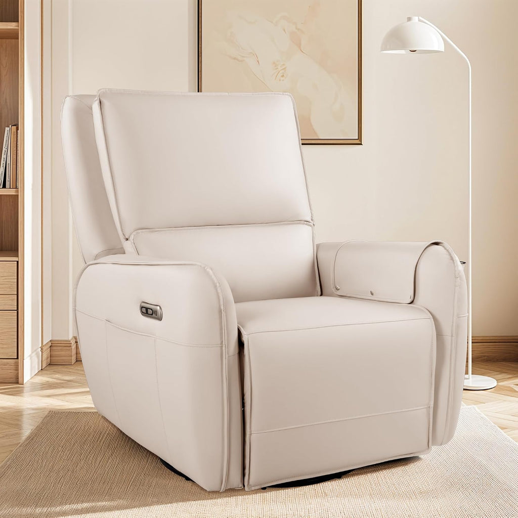 Power Swivel Rocking Recliner- Glider Rocking Chair for Adult - Nursery Glider for Breastfeeding,Quiet Motor, Faux Leather - Swivel Recliner for Living Room, Nursery (Cream White)