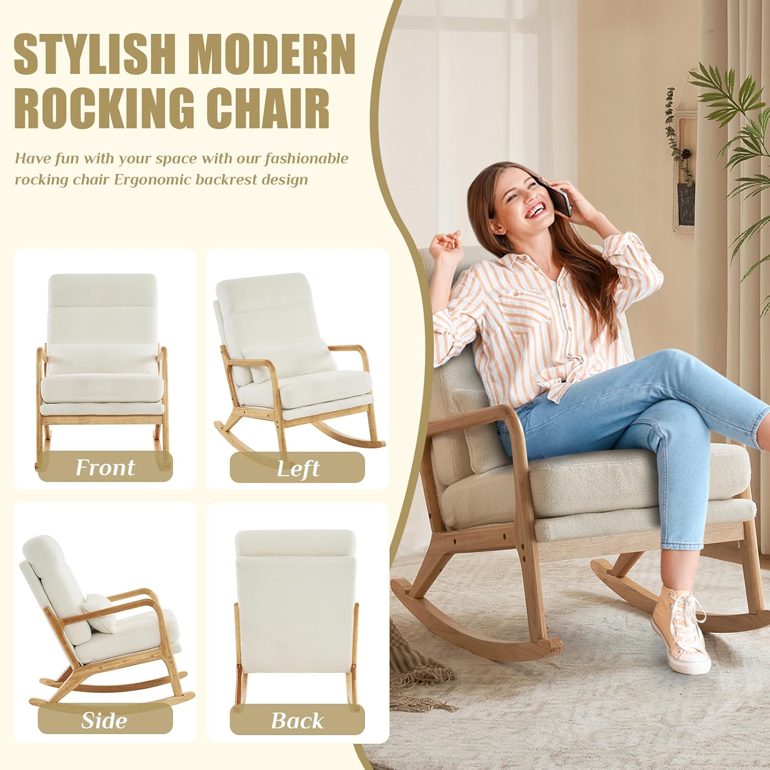 Karl home Nursery Rocking Chair Removable Glider Rocker High Backrest Rocking Armchair Mid-Century Accent Chair with Lumber Pillow for Bedroom, Living Room, Nursery, Creamy-White
