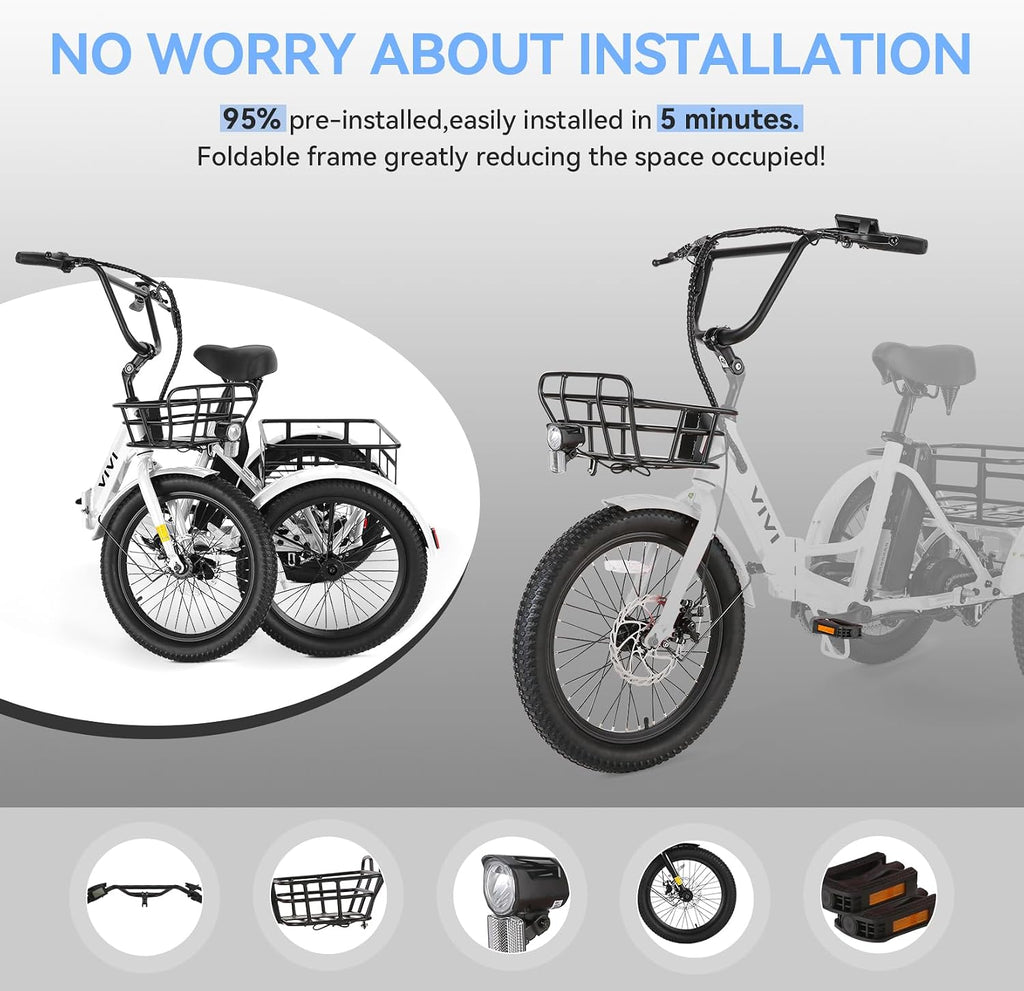 Vivi 750W Peak 20'' Folding 3 Wheels Electric Bicycle Bikes, 48V 10.4Ah Removable Battery Electric Tricycle for Adults, Speed Differential, 15.5MPH Eletric Trike with Bracket