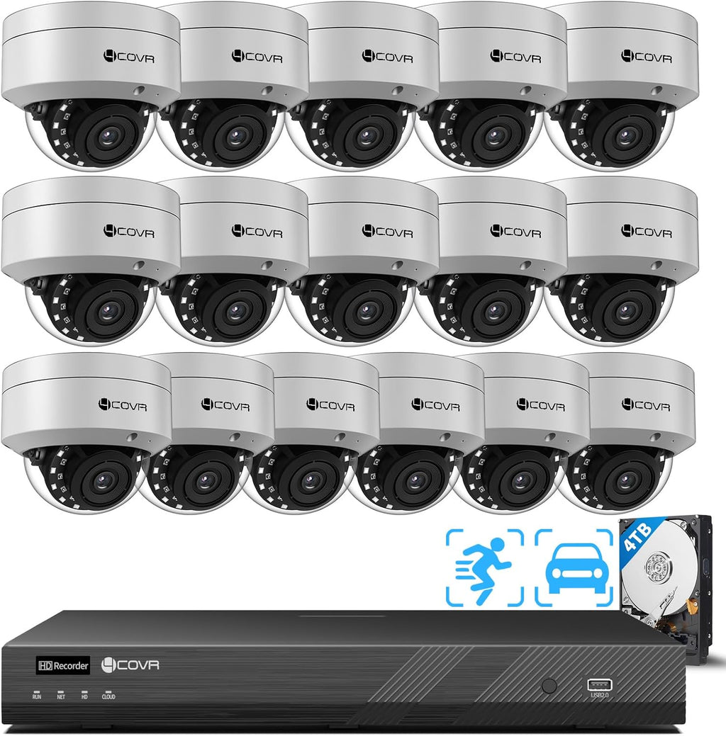 4COVR 12MP 16 Channel Security Camera System for Business, 16x 12MP Vandal-Proof IP67 Dome Commercial PoE IP Camera, Remote Access, UHD NVR 4TB, Human Vehicle Detection, 24/7 Recording, LY54AXAM1616
