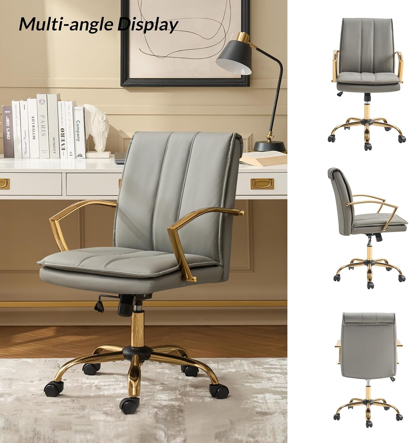 HULALA HOME Faux Leather Office Chair, Modern Adjustable Swivel Rocking Rolling Wheels Computer Desk Chair with Gold Legs and Arms, Upholstered Study Chair (Grey)