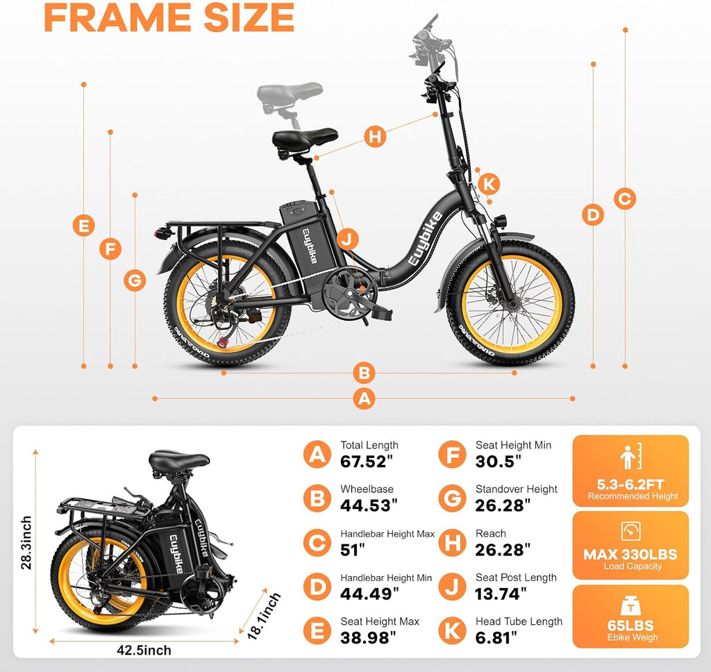 Folding Electric Bike for Adults with Peak 1000W Motor, 48V 20AH Battery up to 30MPH 80 Miles, 20' Fat Tire All Terrain Ebike, 7-Speed Commuter E Bike Black with Saddle Bag, Step-Thru, UL Certified