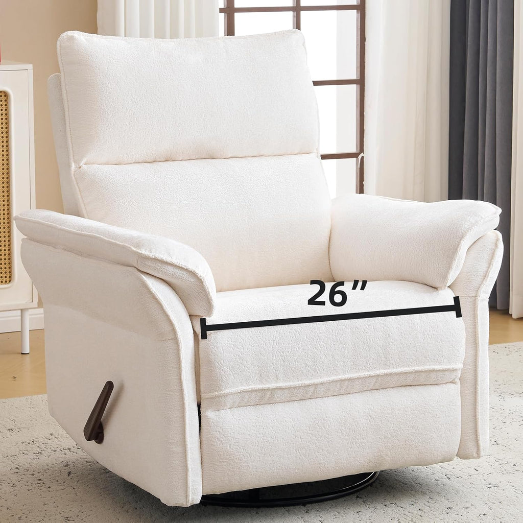 Oversized Recliner Chair, 26' Extra Wide 360° Swivel Rocker Recliner with Adjustable Headrest, Chenille Glider Rocking Nursery Chair with Overstuffed Armrest, Lumbar Support, White