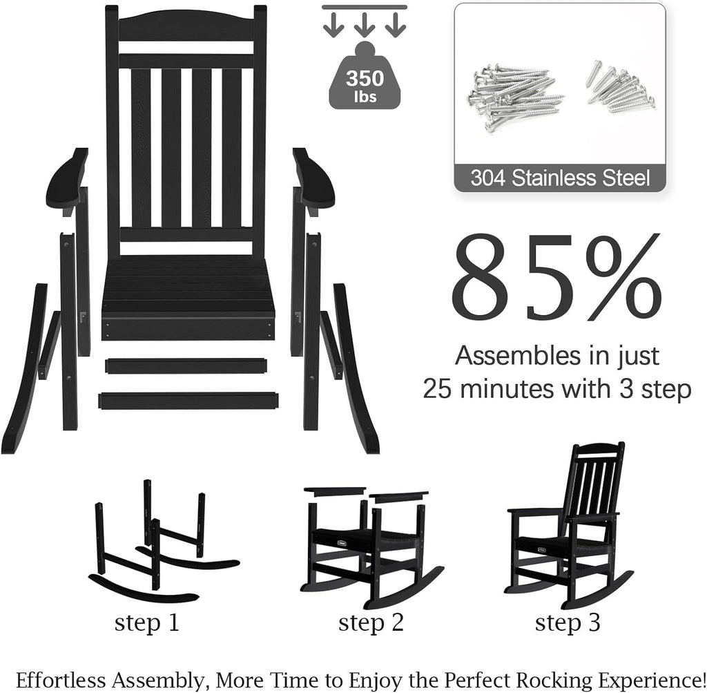 TenKa HDPE Patio Oversized Rocking Chair Set of 2, Outdoor Rocking Chair for Adults, All Weather Resistant Porch Rocker for Lawn Garden