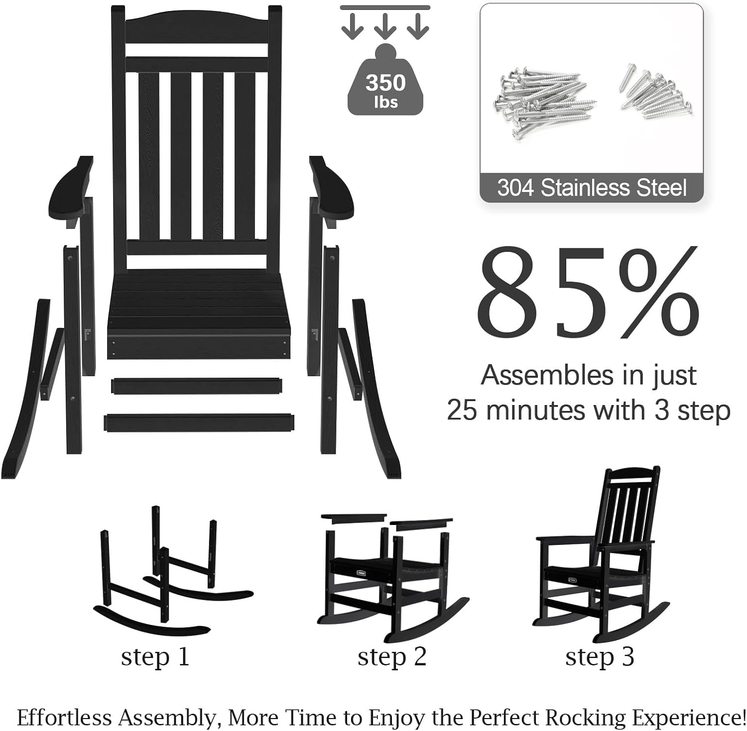 TenKa HDPE Patio Oversized Rocking Chair Set of 2, Outdoor Rocking Chair for Adults, All Weather Resistant Porch Rocker for Lawn Garden