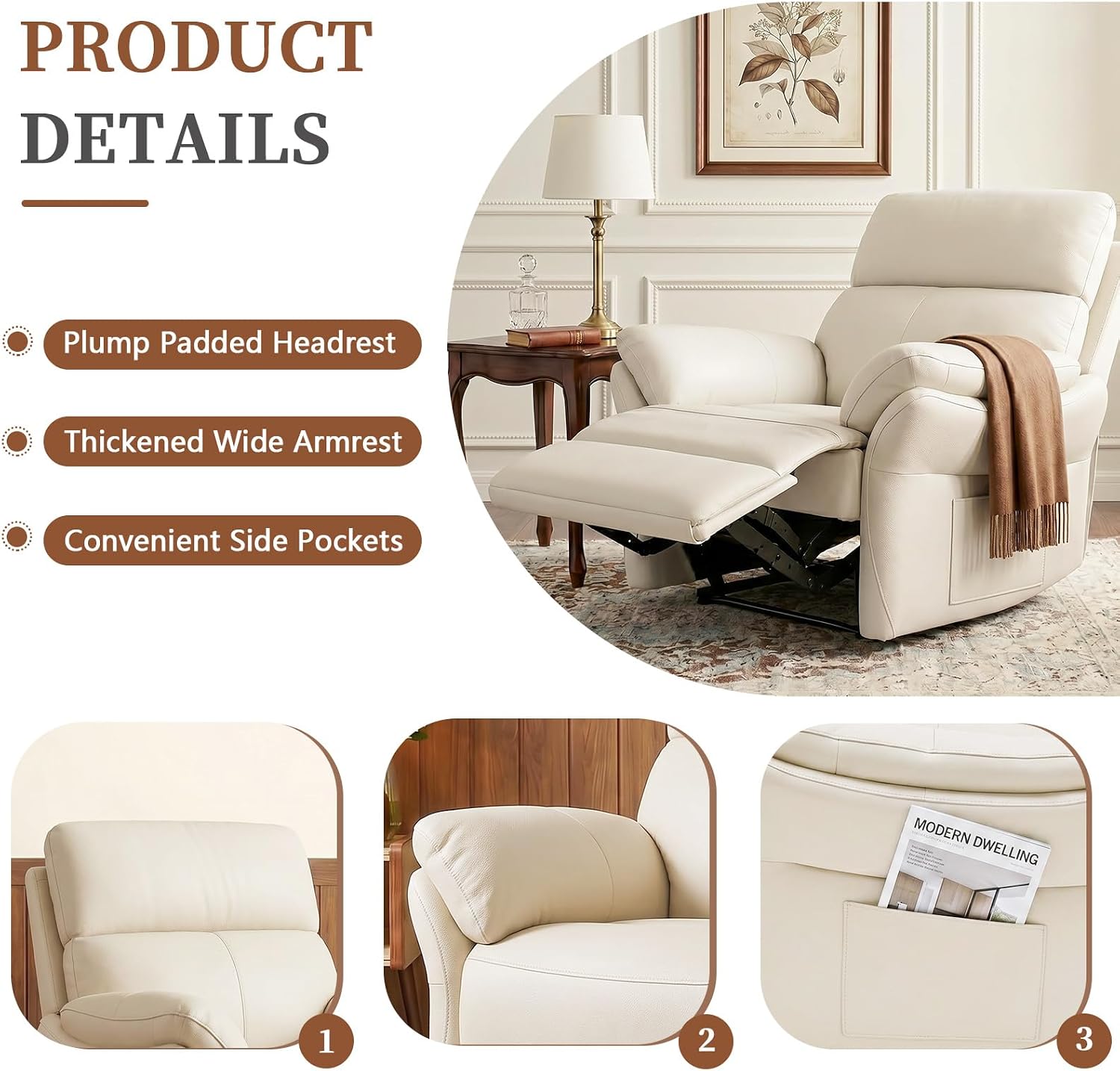 AIRSKY Genuine Leather Recliner Chair, Top Grain Leather, Italian Water-Washing Process, Lazy boy Recliner Chair, for Living Room, Theater Seating, Bedroom, Beige,R1