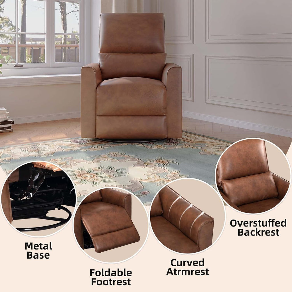 GAOMON Swivel Rocking Recliner Chair, Manual Leather Recliner Glider with Lumbar Support & Padded Armrest, Comfortable Rocker Nursery Single Sofa for Living Room and Bedroom (Brown)