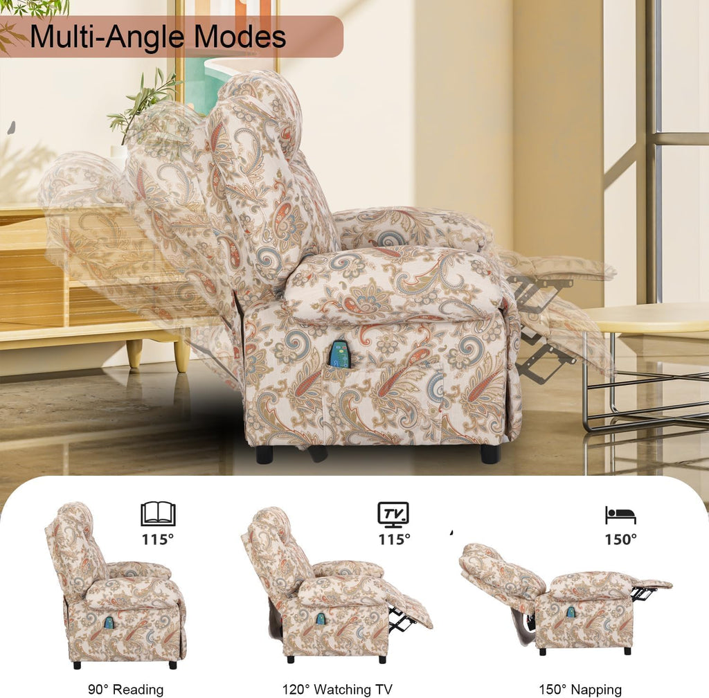 Manual Recliner Chair, Massage Chair Recliners with Heat, Pushback Recliners for Living Room Small Recliner Chairs for Small Spaces Fabric Overstuffed Single Sofa with Vibration Home Theater,Floral