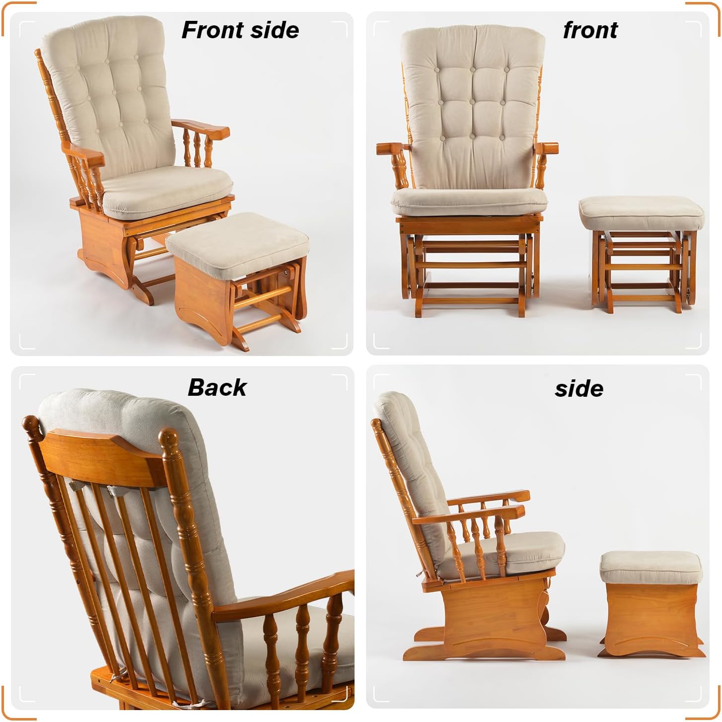 Solid Wood Glider Rocking Chair and Ottoman Set, Rustic Nursery Glider Rocker with Padded Cushion, Smooth Rocking Motion Indoor Living Room Nursing Napping Reading, Honey Beige