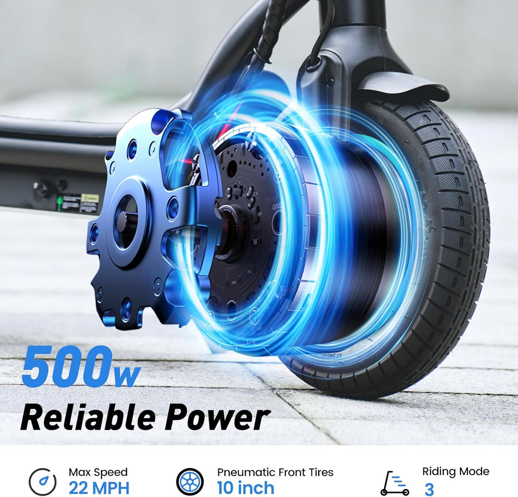 Electric Scooter, 23 Miles, 22 MPH Top Speed Electric Scooter for Adults, 500W Powerful Motor,10'/8.5' Pneumatic Tires Commuting Scooter, Foldable Escooter for Commuting & Campus Use