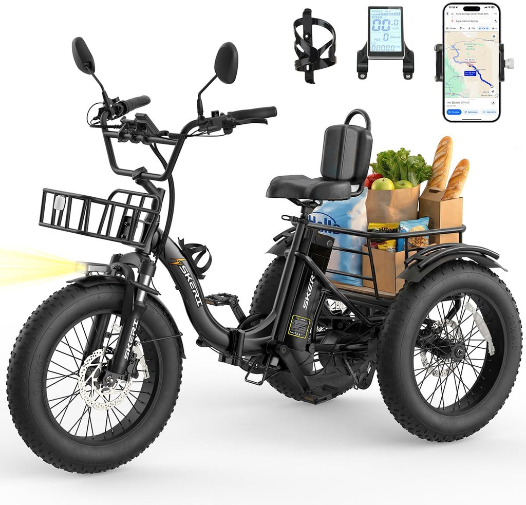 Skeri Electric Tricycle for Adults, 750W(Peak 1350W) Motor Etrike, 20'x4' Folding Fat Tire Electric Trike, 48V13Ah Battery, 3-Wheel Electric Bike, 20MPH, Front & Rear Basket & Differential