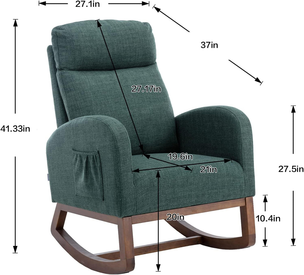 Modern Rocking Chair with Breathable Yellow Linen & Solid Wood Legs - Recliner Glider Armchair Featuring Side Pocket, High Back Support for Nursery, Living Room, Bedroom (Emerald)