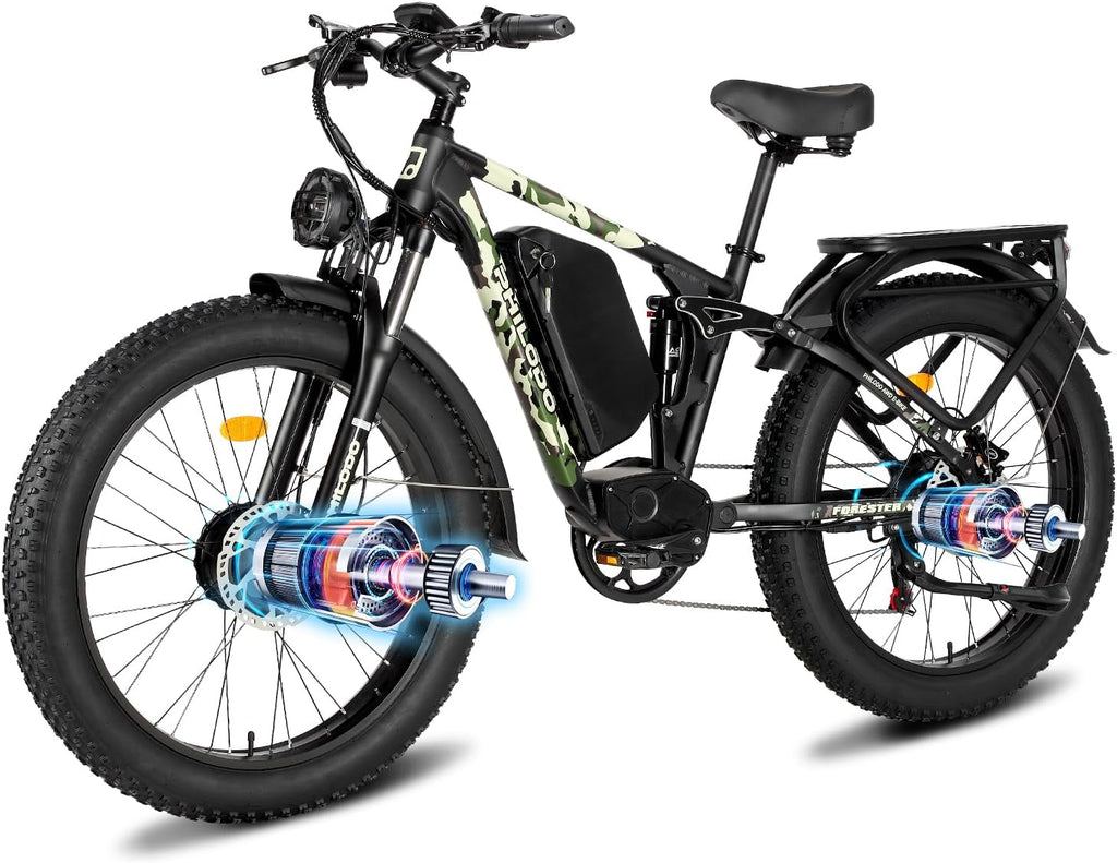 Forester 5000w Electric Bike, 60V 25Ah Bike Battery for Long Range with Dual Motor Ebike for Adults, 26x4 Electric Bike Fat Tires for All Terrain Electric Mountain Bike