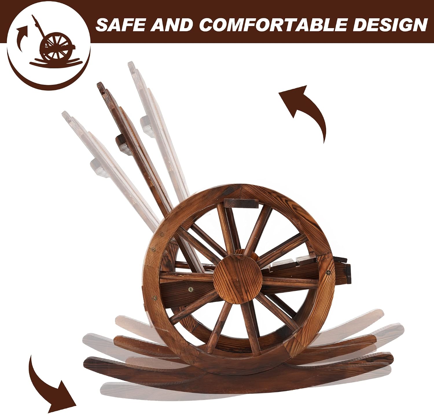 AHB Outdoor Wooden Rocking Chairs Set, Wagon Wheel Armrest Yard Glider Patio Chair with Small Table for Coffee Break, Adirondack Rocking Chair for Summer Lawn Garden Balcony, Brown (3 PCS)