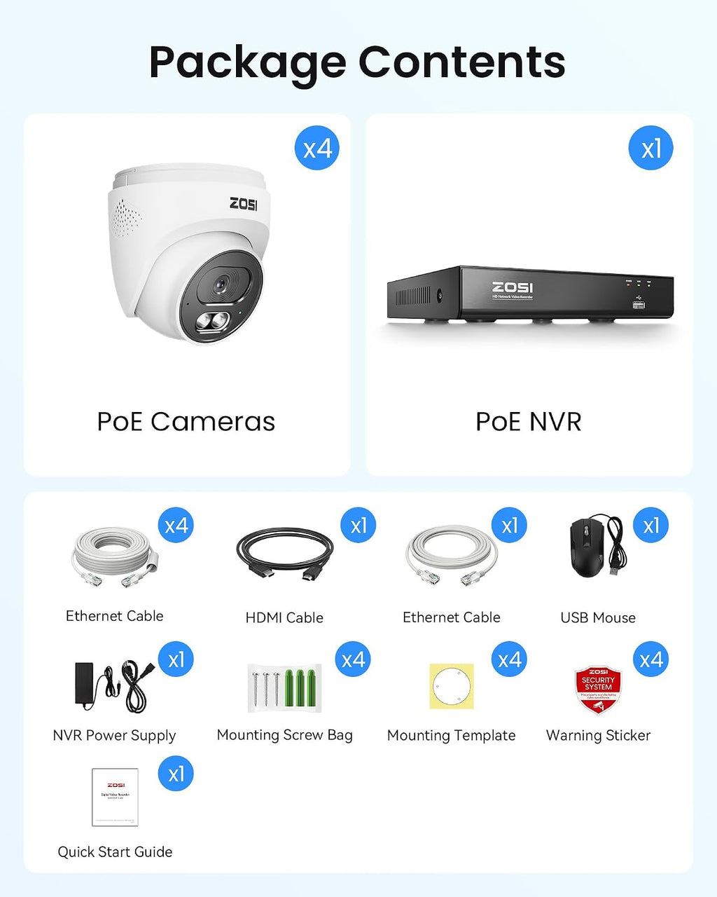 ZOSI C220 4K 8MP 8CH POE NVR Security Camera System (16CH Expandable), 4 x 8MP PoE IP Dome Cameras Outdoor Indoor, AI Human/Vehicle/Face Detection, One-Way Audio, 100ft IR Night Vision, 2TB HDD
