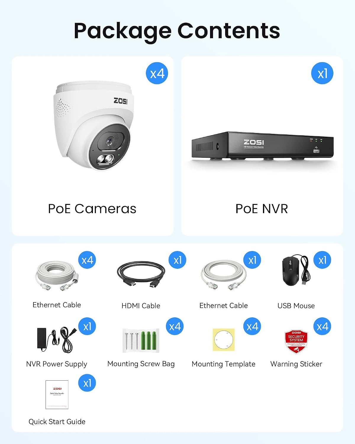 ZOSI C220 4K 8MP 8CH POE NVR Security Camera System (16CH Expandable), 4 x 8MP PoE IP Dome Cameras Outdoor Indoor, AI Human/Vehicle/Face Detection, One-Way Audio, 100ft IR Night Vision, 2TB HDD