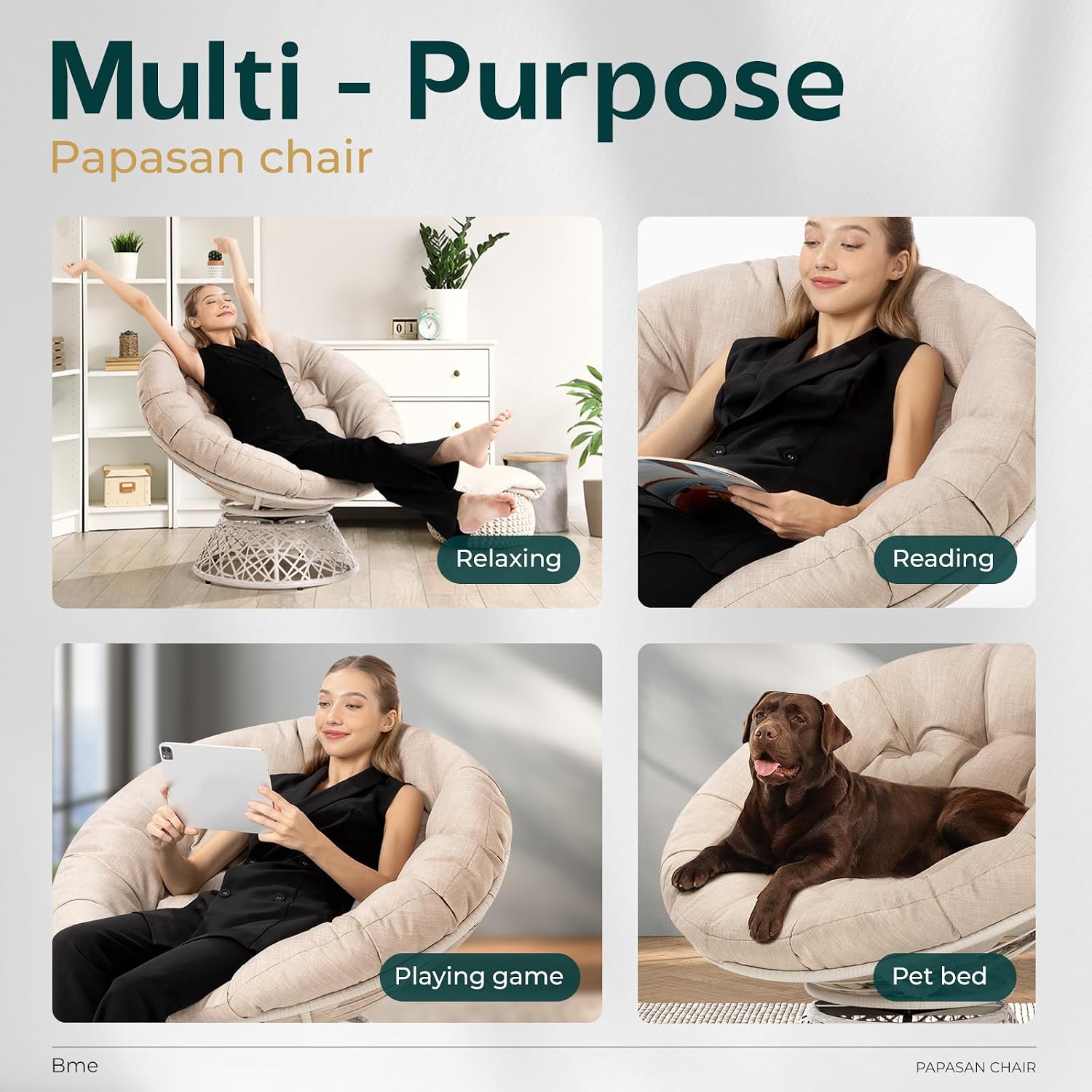 Bme 40' Ergonomic Wicker Papasan Chair with Soft Thick Density Fabric Cushion, High Capacity Steel Frame, 360 Degree Swivel for Living, Bedroom, Reading Room, Lounge