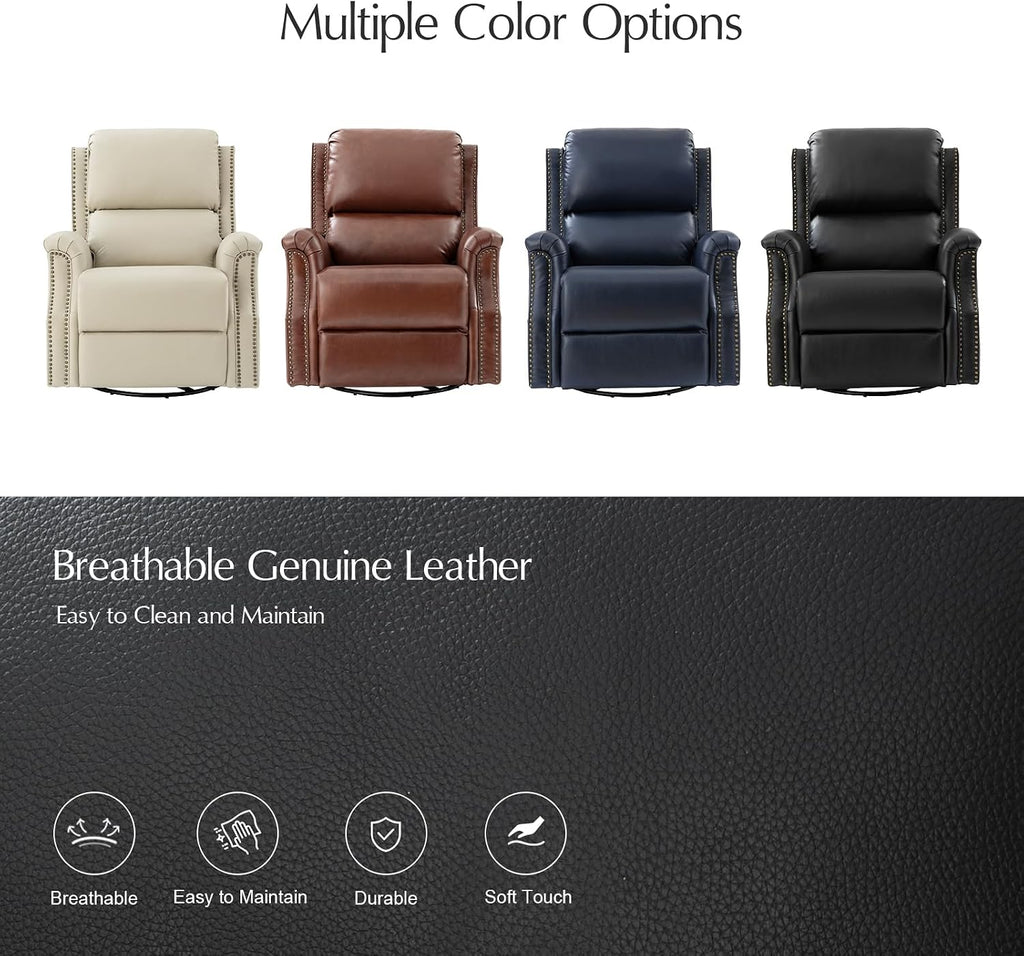 HULALA HOME Genuine Leather Recliner Chair, Swivel Rocker Chair with Thick Seat, Classic Push Back Armchair with Backrest, Nailhead Trim Set of 2, Black