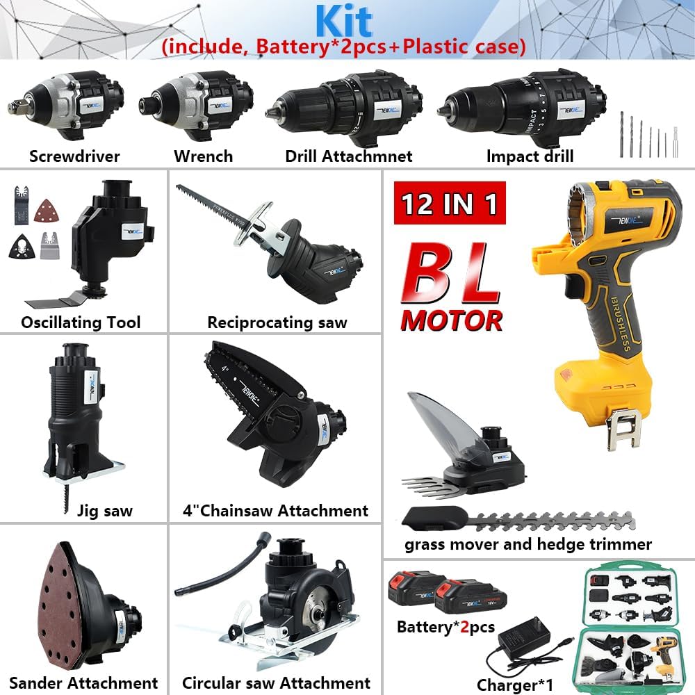 NEWONE 12-Tools Set Power Tool Combo Kits Compatible with De-Walt 20V Battery,Cordless Tool Set,2 Batteries and Charger
