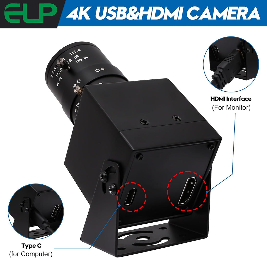 ELP 4K USB HDMI Camera Manual Zoom Webcam - Variable Focus H.264 Telescope USB Security Mini Close-up for Computer - 8mp IMX415 Industrial CCTV (2.8-12mm 4X Zoom Lens)