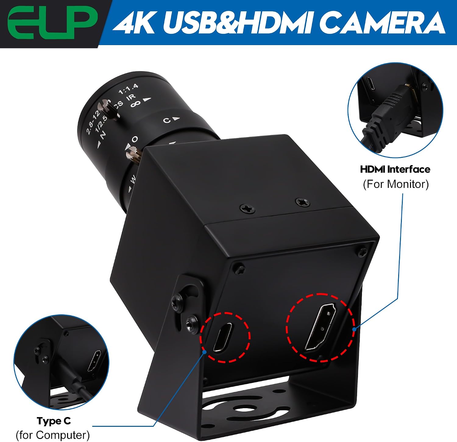 ELP 4K USB HDMI Camera Manual Zoom Webcam - Variable Focus H.264 Telescope USB Security Mini Close-up for Computer - 8mp IMX415 Industrial CCTV (2.8-12mm 4X Zoom Lens)