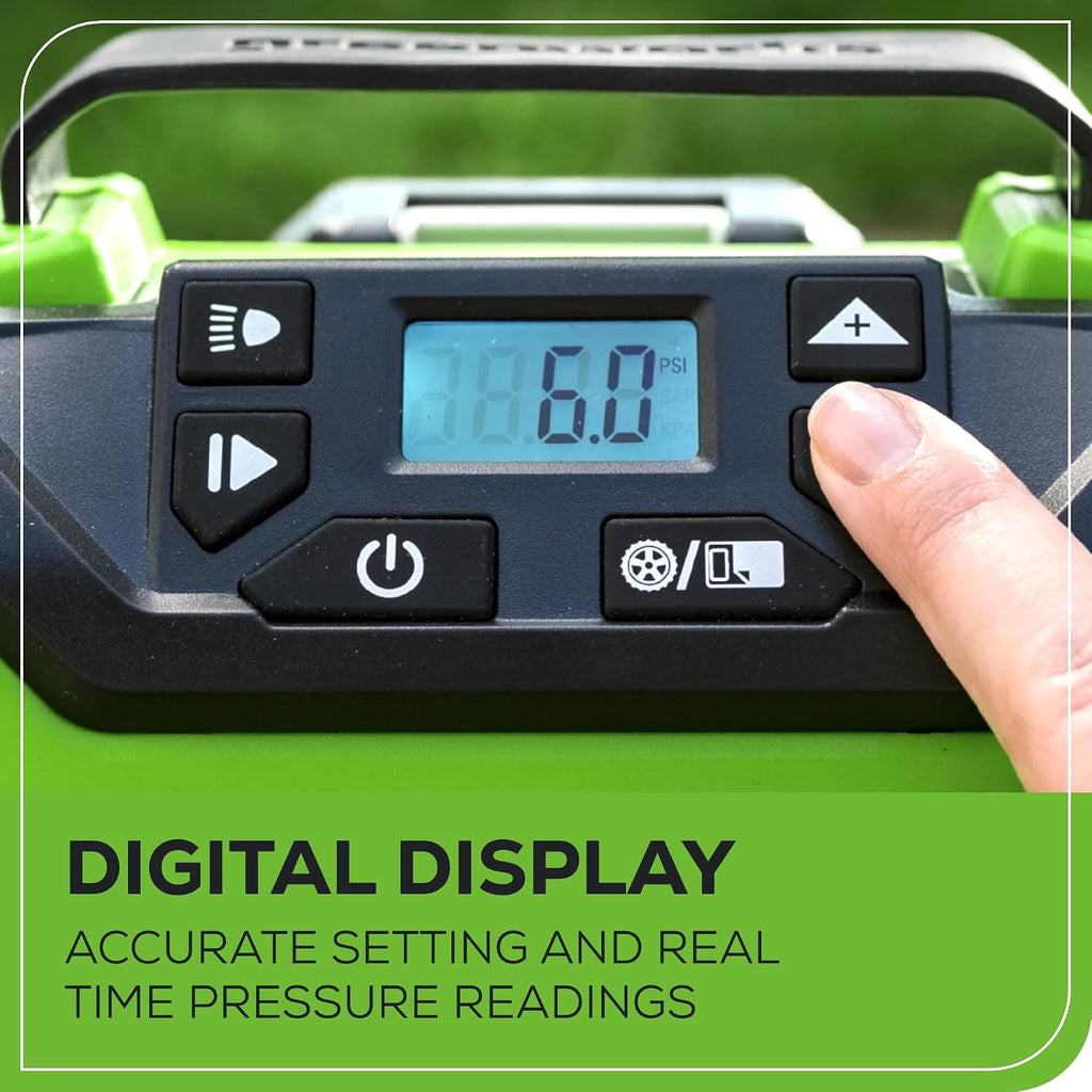 Greenworks 40V Cordless Tire Inflator, 160 PSI Portable Air Compressor, 2 Power Sources, Auto Shut Off, for Car, Bicycle, Motorcycle, Inflatables With 2.0 Ah USB (Power Bank) Battery & Charger