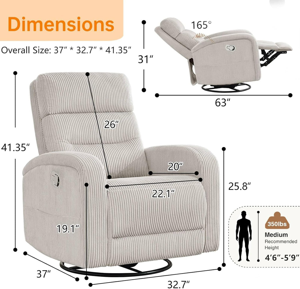 Swivel Rocker Recliner Glider Rocking Chair for Nursery, Corduroy Recliner with Chunky Cushion, Manual Swivel Recliner Chair for Living Room, Bedroom, Nursery(Camel)