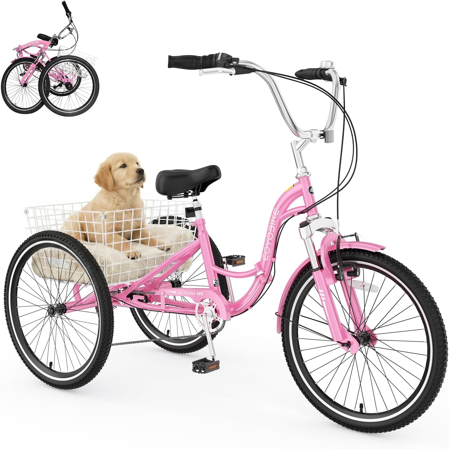 MOPHOTO Adult Folding Tricycle, 7-Speed 3 Wheel Bike for Adults, Seniors, Women & Men, 20/24/26 Inch Low Step-Through Trike with Large Rear Cargo Basket, Adjustable Seat, Space-Saving Cruiser Bicycle