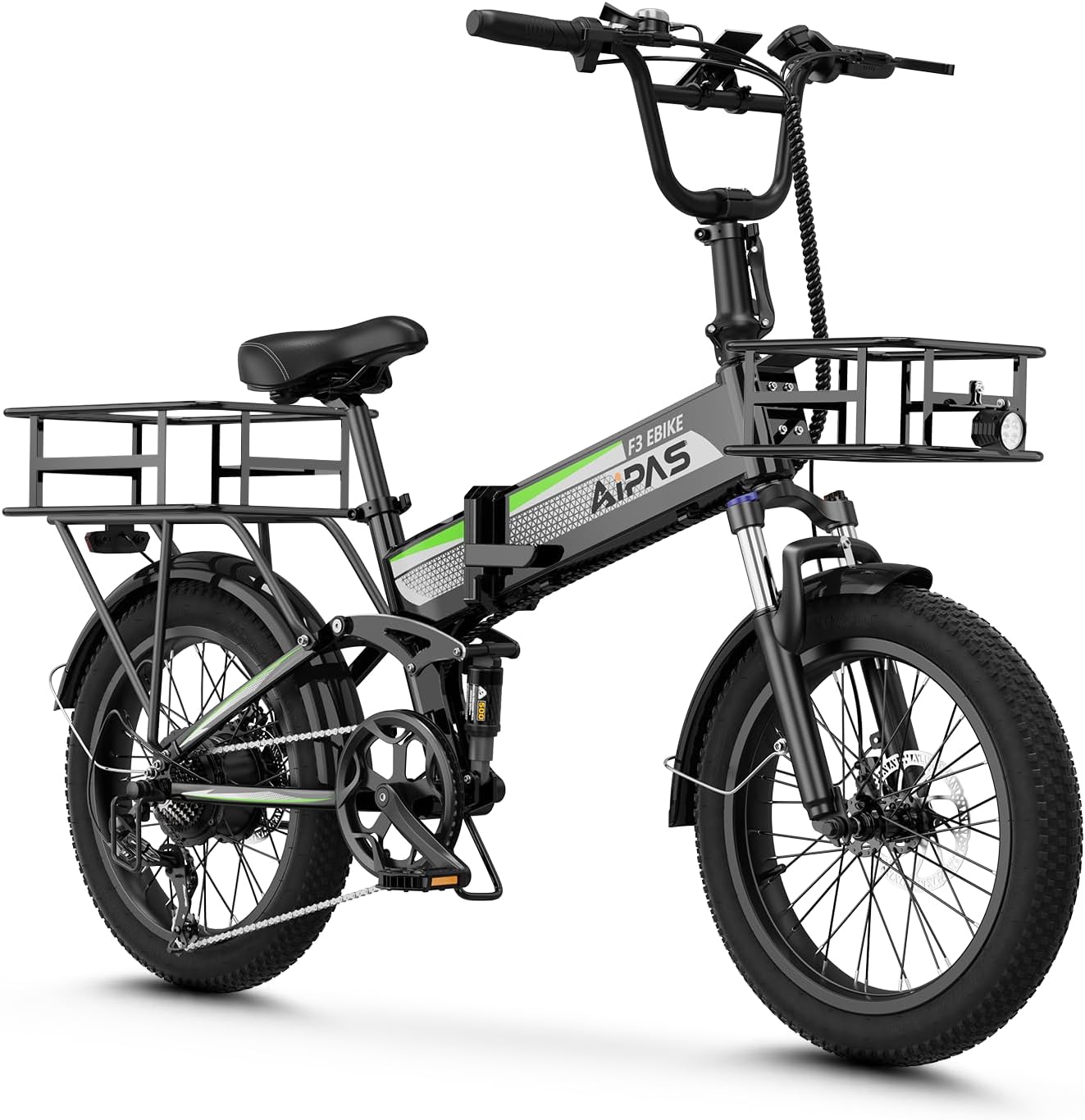 Aipas F3 Electric Bike for Adults with 1500W Motor Peak, 48V 12.8Ah Removable Battery Max 62 Miles 28MPH,20' x 3.0 Fat Tire Folding Electric Bike with 7-Speed and Full Suspension.