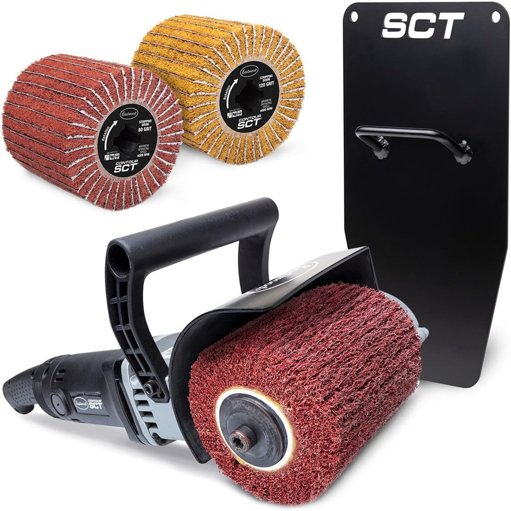 Eastwood Contour SCT Surface Conditioning Tool With Storage Rack | Heavy Duty Automotive Metal Preparation Tools Includes 120 Grit Finishing Drum 80 and 120 Grit Stripping Drums