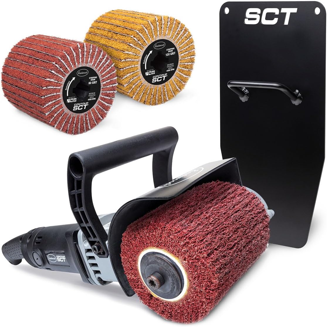 Eastwood Contour SCT Surface Conditioning Tool With Storage Rack | Heavy Duty Automotive Metal Preparation Tools Includes 120 Grit Finishing Drum 80 and 120 Grit Stripping Drums