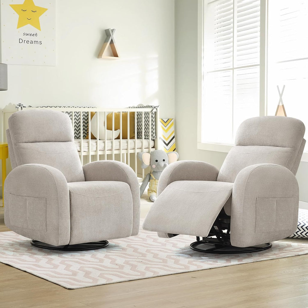 Manual Swivel Rocker Recliner, Nursery Rocking Chair with Lumbar Support, Chenille Nursering Glider Recliners with Double Pockets for Living Room, Camel