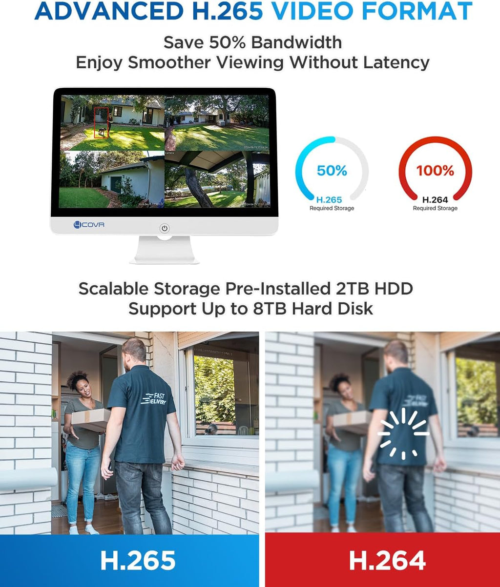 4COVR 4K PoE Security Camera System with Monitor, 8CH 8MP H.265 UHD NVR with Monitor Pre-Installed 2TB HDD, 4Pcs 8MP IR Bullet Wired PoE IP Camera IP67, Person Vehicle Detection, LY37EX8MU804