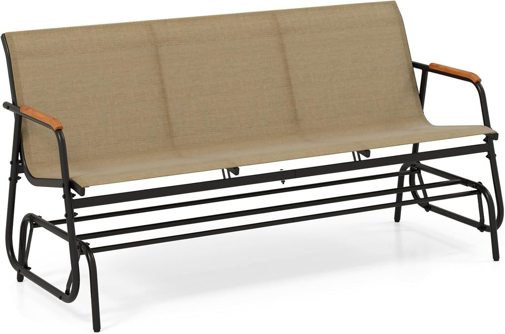 Giantex Patio Glider, 3-Person Swing Gliding Loveseat with Curved Teak Armrests, Fabric Seat, Metal Frame, Load 990lbs, Outdoor Rocking Chair for Porch, Yard, Poolside (29'x66.5'x33')
