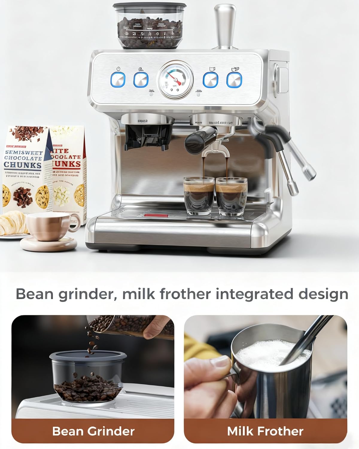 Electactic 20 Bar Espresso Machine with Grinder & Milk Frother, 58mm Expresso Coffee machines, Stainless Steel Coffee Maker for Cappuccino and Latte, Perfect for Home and Café Use-Single Boiler