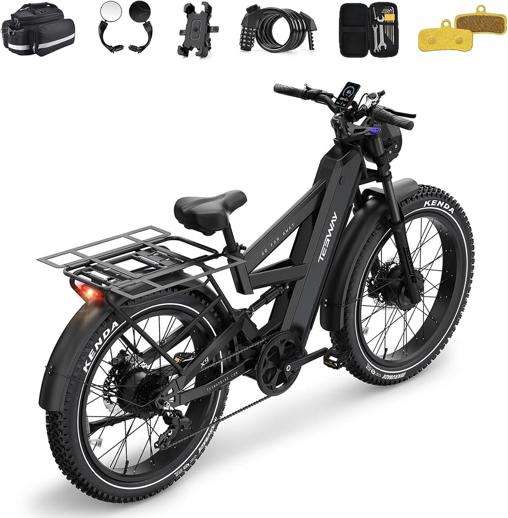 TESWAY X9 Ultra Dual Motor Ebike, 26' Fat Tire Full Suspension AWD Electric Bike for Adults, 4000W 43MPH 240NM, 60V 30Ah(Camo)/25Ah(Other) 120 Miles Long Rang