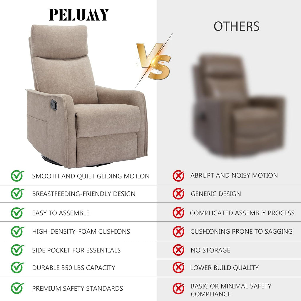 PELUMY 360 Swivel Rocking Recliner Chair for Adults, Nursery Rocking Chair with Heat and Massage, Glider Reclining Chair for Small Space, Living Room, Bedroom (Khaki)