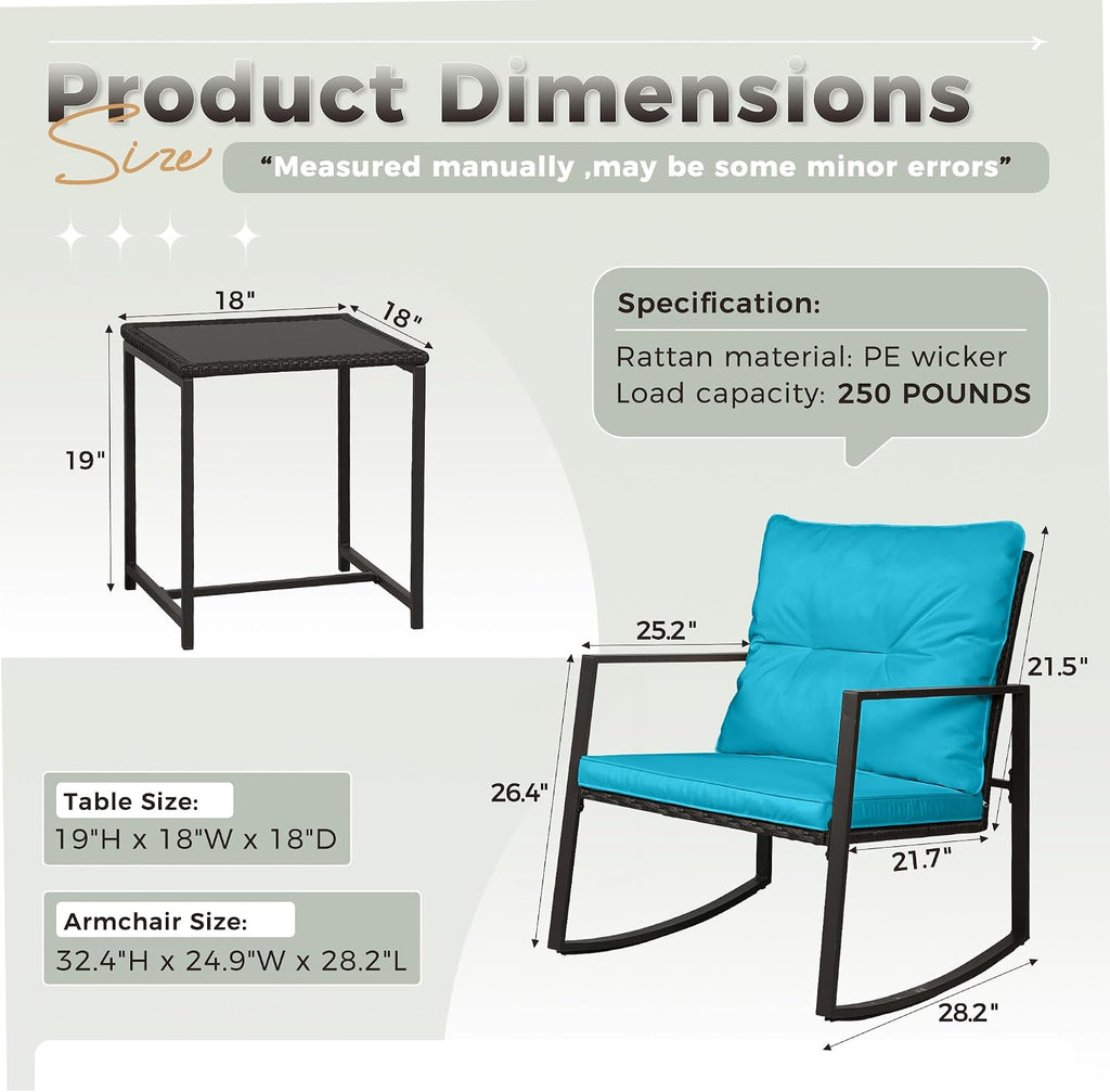 SUNCROWN 3 Piece Outdoor Rocking Bistro Set Black Wicker Furniture Porch Chairs Conversation Sets with Glass Coffee Table, Light Blue