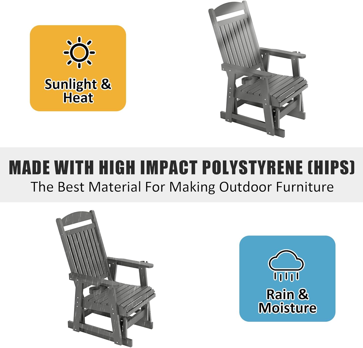 Poly Lumber Patio Glider for One Person, with Cup Holders, High Backrest and Deep Contoured Seat, HIPS Material, All-Weather Resistant, Heavy Duty 700 LBS (Gray)