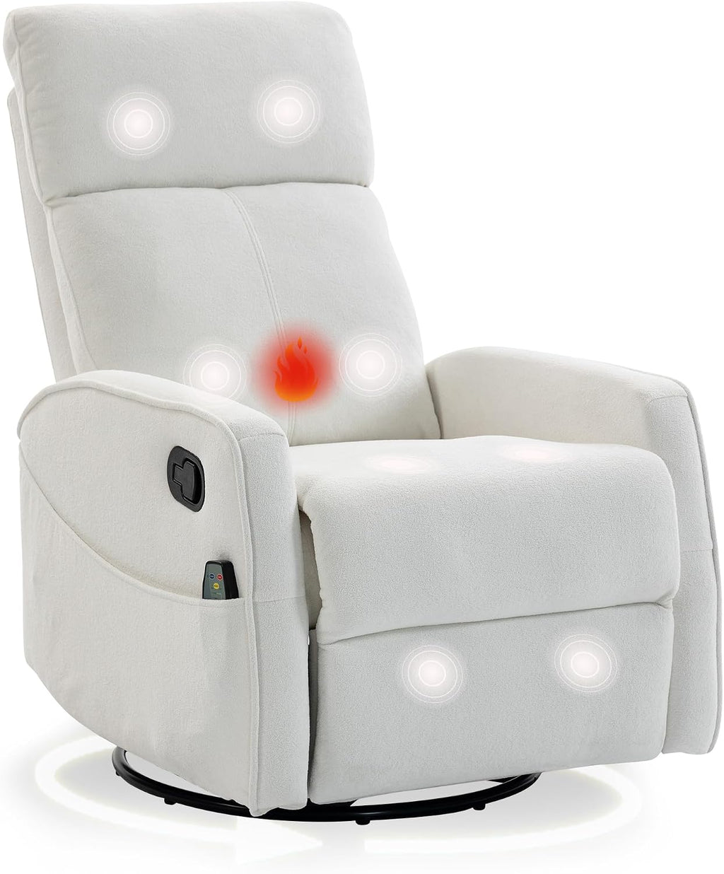 cinkehome Heated Massage Swivel Rocker Recliner Chair for Nursery - Small Space Reclining Chair with Lumbar Support, 360° Swivel & Gentle Rocking, Ergonomic High Back Short Plush Cream White